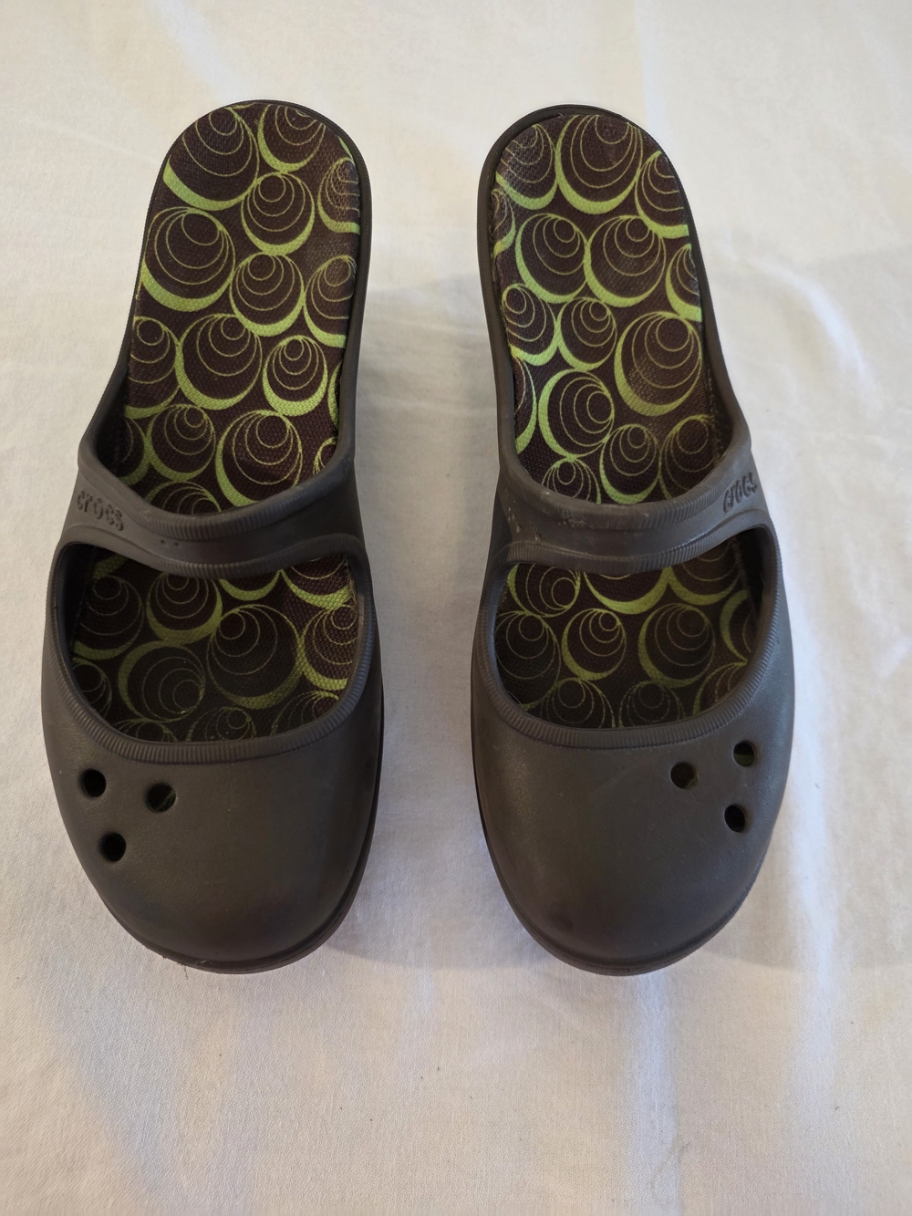 CROCS Brown Slide Clogs with Green Patterned Footbed